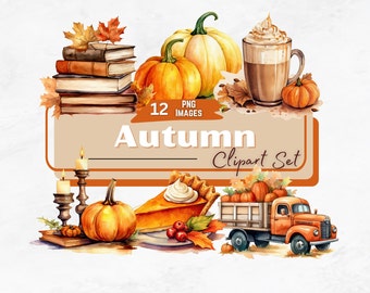Autumn Watercolor Clipart Set, Transparent Cozy Fall Clipart Bundle, Fall Clipart Bundle, Seasonal Clipart, Instant Download
