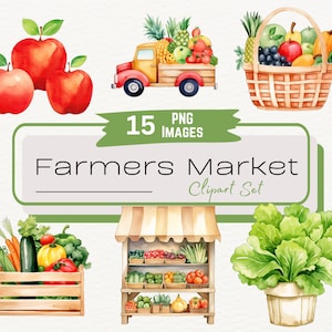 Clipart de aquarela de mercado de fazendeiros, jardinagem de fazenda, cozinha de campo, barraca de frutas e vegetais, cesta de frutas, mercado de primavera, download instantâneo