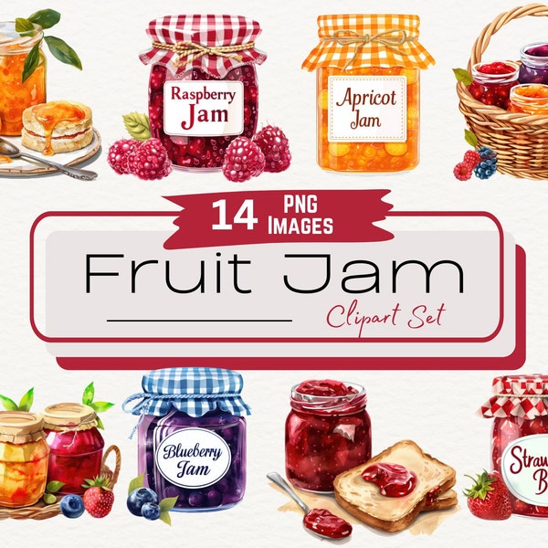 Watercolor Fruit Jam Jars Clipart Bundle, Fruit Berry Jelly Digital Food Art Illustrations, Jam and Toast Breakfast Food Graphic Instant PNG