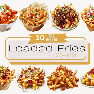 Pacchetto di clipart di patatine fritte cariche ad acquerello, grafica di fast food per fiere di carnevale, illustrazione di cibo digitale, patate cariche, PNG istantaneo