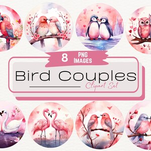 水彩バレンタイン鳥カップルクリップアート、かわいい鳥カップルイラスト、愛らしいフクロウ愛グラフィックPNG、愛らしいカップルデジタルダウンロード