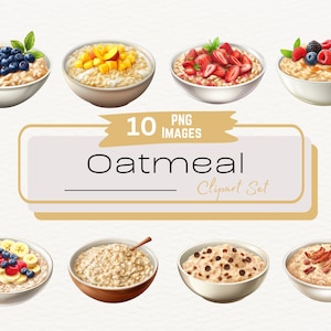 Watercolor Bowls of Oatmeal Clipart Bundle, Healthy Breakfast with Fruit, Digital Food Art Illustration, Digital Breakfast Graphics PNG