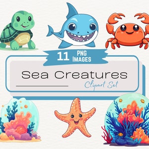 Süße Kawaii Meeresbewohner Clipart, süße Baby-Tiere, süße Meeresschildkröten, Hai Clipart, kommerzielle Nutzung, digitaler Download PNG, Junk Journal