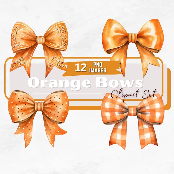 Fall Orange Bows Clipart Set, Watercolor Orange Ribbon Clipart Bundle, Autumn Gift Tag, Fall Clipart, Scrapbooking, Digital Download PNG