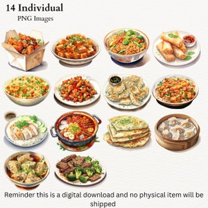 May include: A collection of 14 individual PNG images featuring various Chinese dishes, including fried rice, dumplings, noodles, and spring rolls. The images are painted in a watercolor style and are perfect for use in digital projects.
