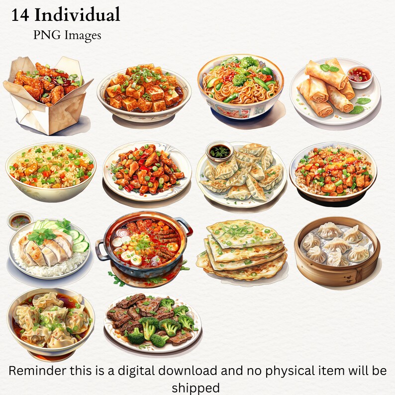May include: A collection of 14 individual PNG images featuring various Chinese dishes, including fried rice, dumplings, noodles, and spring rolls. The images are painted in a watercolor style and are perfect for use in digital projects.