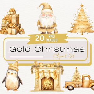 Gold Christmas Watercolor Clipart Set, Gold Santa, Gold Christmas Tree, Cardmaking, Scrapbooking, Christmas Sublimation Instant Download PNG