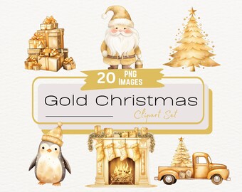 Gold Christmas Watercolor Clipart Set, Gold Santa, Gold Christmas Tree, Cardmaking, Scrapbooking, Christmas Sublimation Instant Download PNG