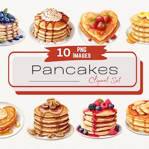 Paquete de imágenes prediseñadas de desayuno con panqueques de acuarela, pila de panqueques de frutas, ilustración de arte de comida digital, gráficos PNG de desayuno, descarga digital
