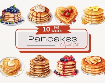 Watercolor Pancake Breakfast Clipart Bundle, Fruit Pancake Stack, Digital Food Art Illustration, Breakfast Graphics PNG, Digital Download