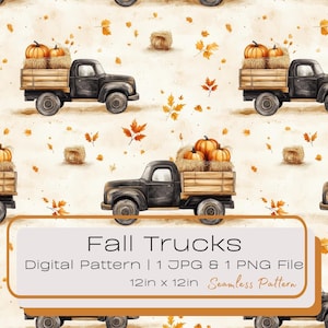 Patrón digital sin costuras de camioneta otoñal en acuarela, ilustración de mosaico repetitivo de calabazas otoñales, archivo PNG JPG