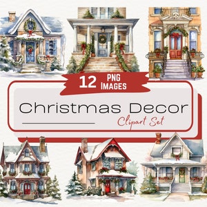 Pacote de clipart de aquarela para decoração de varanda de Natal, porta da frente decorada, conjunto de clipart de férias de inverno, download instantâneo PNG