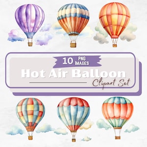 Watercolor Hot Air Balloon, Baby Shower Invitation, Nursery Clipart, Retro Balloon Clipart, Pastel Hot Air Balloon, 10 Digital Download PNG