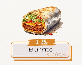 Single Burrito Mexican Food Watercolor Clipart, Digital Food Illustration Clipart, Cinco de Mayo, Taco Party, Digital Download PNG
