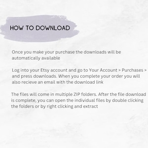 May include: Text-based instructions on how to download digital files purchased on Etsy. The instructions explain how to access downloads through the Etsy account and how to open the files after downloading.