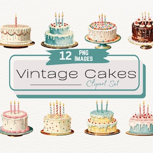 Vintage akwarela tort urodzinowy ilustracja clipart, cyfrowa sztuka jedzenia, cyfrowe obrazy urodzinowe PNG, pakiet cukierków piekarniczych