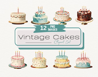 Vintage Watercolor Birthday Cake Illustration Clipart, Digital Food Art, Birthday Party Digital Images PNG, Bakery Sweets Clipart Bundle
