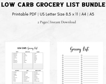 Low Carb Grocery List Bundle Printable Instant Download, Healthy Grocery List PDF Template, Digital Meal Planner, Letter, A5, A4