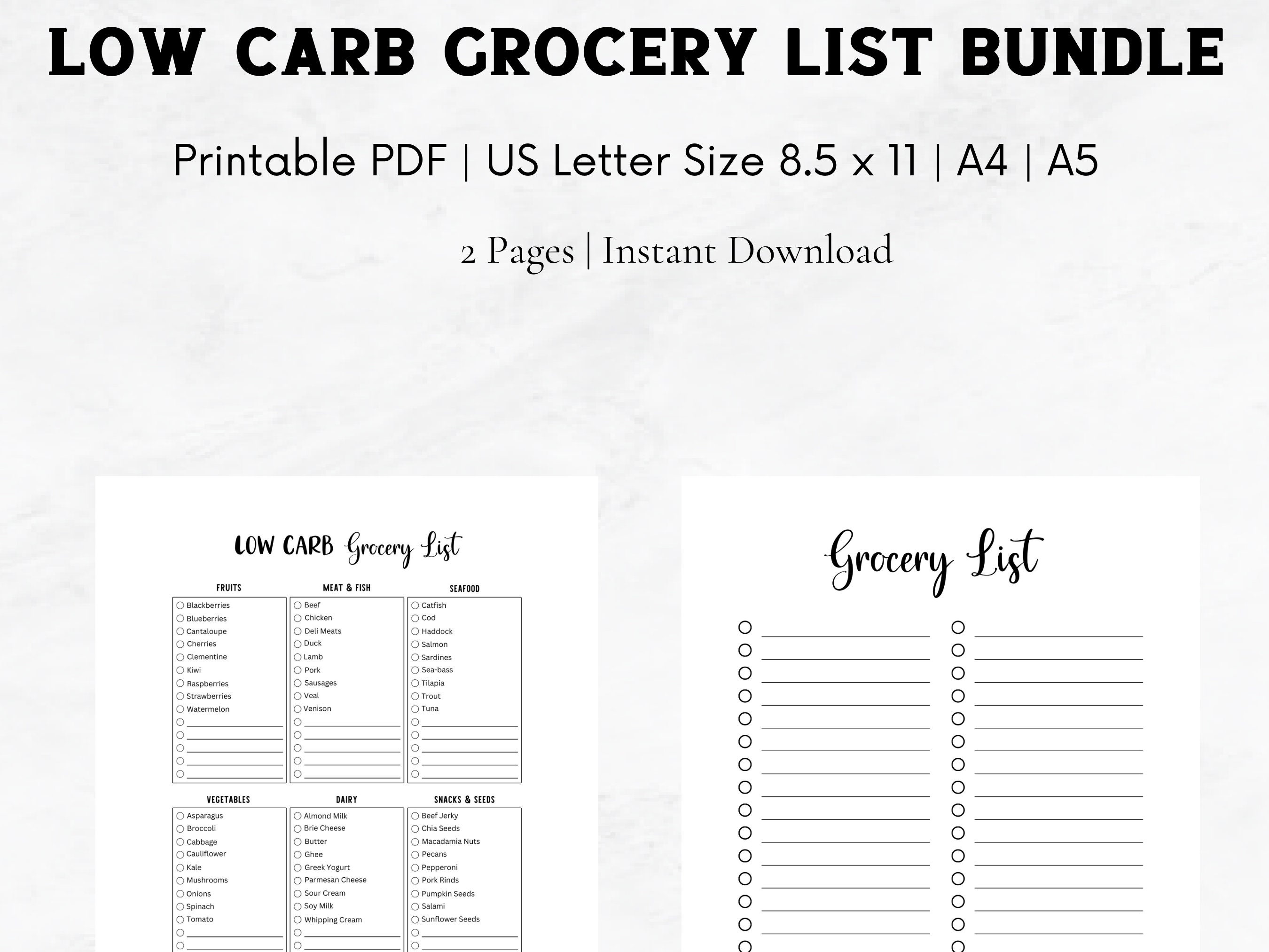 Low Carb Grocery List Bundle Printable Instant Download, Healthy ...