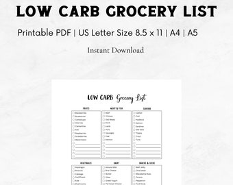 Low Carb Grocery List Instant Download PDF | Grocery List PDF | Instant Download | Letter, A5, A4