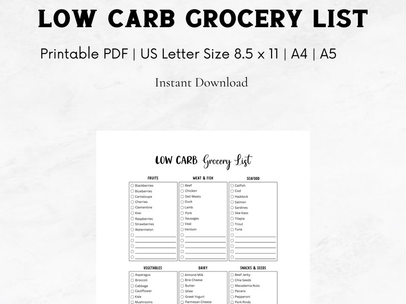 Low Carb Grocery List Instant Download PDF | Grocery List PDF | Instant ...