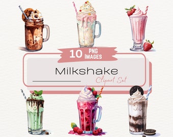 Milkshake Watercolor Clipart Set, Transparent Dessert Clipart, Ice Cream, Cookbook, Birthday Cake,Food Watercolor PNG, Digital Download