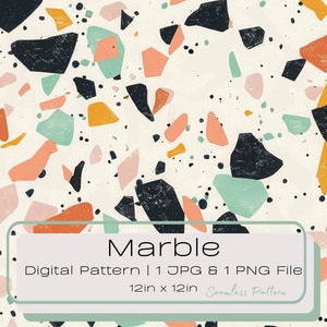 May include: A seamless digital pattern featuring a terrazzo design with black, orange, pink, and green chips on a cream background. The pattern is 12 inches by 12 inches and is available in JPG and PNG formats.