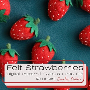 May include: A digital pattern for felt strawberries. The pattern includes 1 JPG and 1 PNG file and is 12 inches by 12 inches. The image shows a teal background with red felt strawberries with white stitching and green felt leaves.