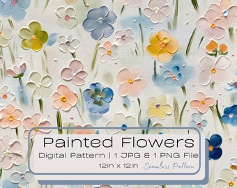3D Painted Floral Seamless Digital Pattern, Acrylic Paint Style Spring Repeating Tile Illustration, Rustic Pastel Oil Painting PNG JPG