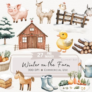Joli aquarelle hiver à la ferme Clipart Bundle, grange enneigée, Illustrations de décoration de Noël en plein air rustique, hiver confortable numérique PNG