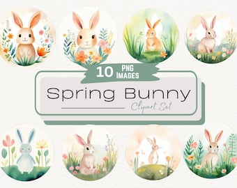Watercolor Spring Bunny Clipart Bundle, Floral Baby Bunny Easter Illustrations PNG, Retro Spring Easter Egg Graphics, Digital Download