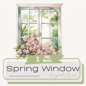 Watercolor Single Spring Summer Window Clipart, Flower Decorated Open Cottage Window Illustration, Spring Graphics, Digital Download PNG