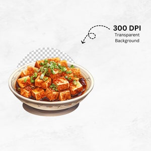 May include: A white bowl filled with a savory dish of tofu cubes in a brown sauce, topped with green onions.
