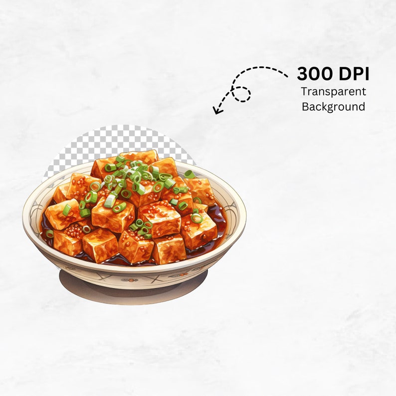 May include: A white bowl filled with a savory dish of tofu cubes in a brown sauce, topped with green onions.