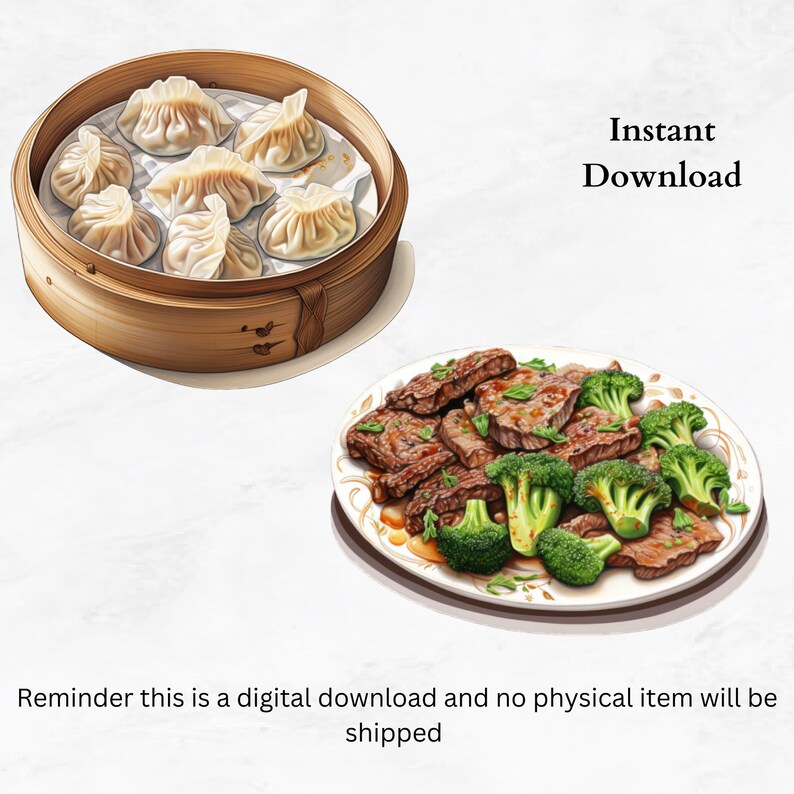 May include: A digital illustration of two plates of Chinese food. The first plate is a bamboo steamer filled with eight steamed dumplings. The second plate is a white plate with a decorative border, filled with stir-fried beef and broccoli.