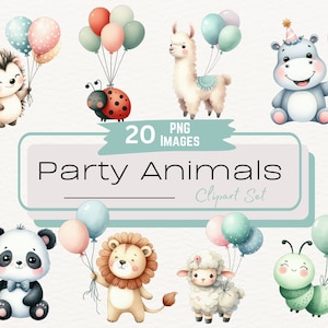 Aquarell niedliche Partytiere mit Luftballons Clipart Bundle, Waldkreatur Geburtstagseinladung Illustrationen, digitale Partyhut Dekor PNG