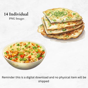May include: A watercolor illustration of two Chinese dishes: a bowl of fried rice with vegetables and a stack of scallion pancakes.