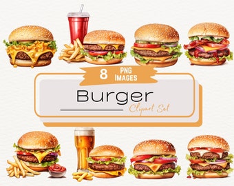 Watercolor Hamburger Clipart, Digital Food Art Illustration, Fast Food Burger and Fries PNG, Meal Graphics, Concession Stand Food, Instant