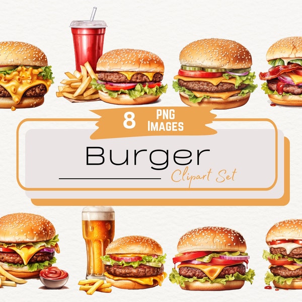 Watercolor Hamburger Clipart, Digital Food Art Illustration, Fast Food Burger and Fries PNG, Meal Graphics, Concession Stand Food, Instant