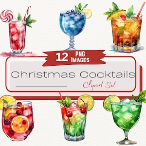 Pacote de clipart de aquarela de coquetel de Natal, bebidas para festas de fim de ano, arte culinária, ilustração de fim de ano, menu de bar de inverno, download digital PNG
