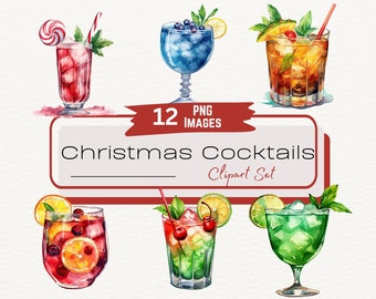 Puede incluir: Un conjunto de 12 ilustraciones de acuarela de cócteles navideños. Las ilustraciones presentan varios cócteles con guarniciones festivas, como arándanos, cerezas y frutas cítricas. El texto "12 PNG IMAGES Christmas Cocktails Clipart Set" se muestra en una pancarta roja y blanca.
