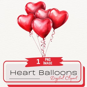 Clipart de balão em forma de coração de dia dos namorados único em aquarela, ilustração de buquê de balões vermelhos românticos, decoração de dia dos namorados, PNG digital