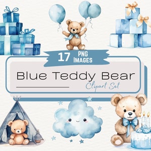 Watercolor Baby Blue Teddy Bear Clipart, Baby Shower Balloons Illustration, Baby Boy Nursery Decor, Commercial Use, Instant Download PNG