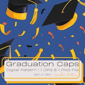 Modèle sans couture aquarelle casquette de remise des diplômes, illustration de carreaux répétitifs célébration noir et or, décoration de fête de remise des diplômes, numérique PNG JPG