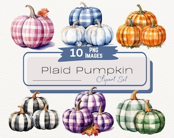 Clipart de acuarela de calabaza a cuadros, ilustración de calabaza de otoño, calabaza de álbum de recortes, arte a cuadros de otoño, PNG de acuarela de temporada, descarga instantánea