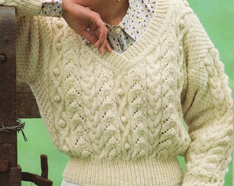 Vintage Womens V-Neck Aran Sweater Ladies Cable Sweater Knitting Pattern Pdf Instant Download