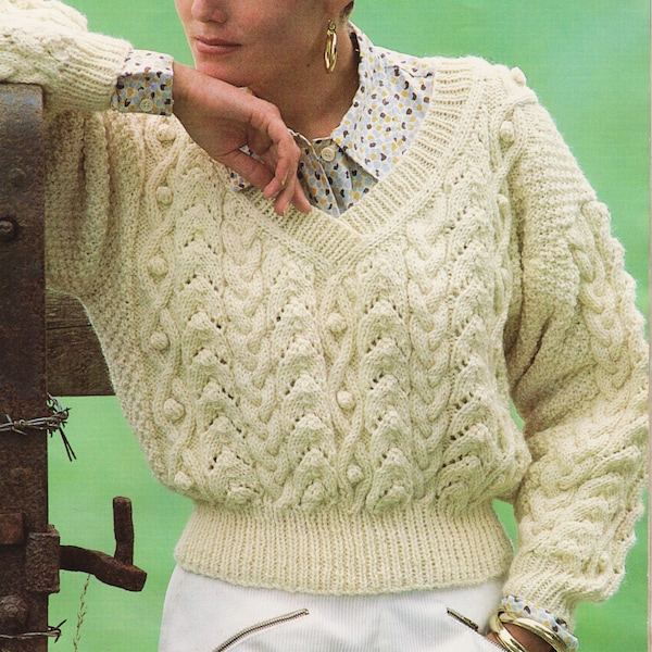 Vintage Womens V-Neck Aran Sweater Ladies Cable Sweater Knitting Pattern Pdf Instant Download