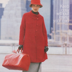 Women Chic Collar Coat Knitting Pattern, Vintage Ladies Waffle Knitt Jacket PDF Instant Download