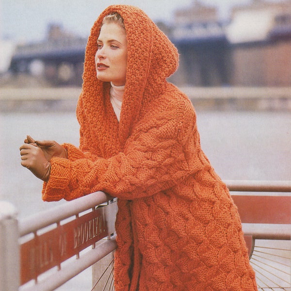 Women Hooded Cable Coat Knitting Pattern, Vintage Ladies Long Jacket PDF Instant Download