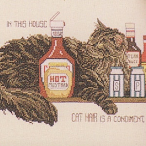 Cross Stitch Pattern "In this House Cat Hair is a Condiment" PDF Vintage Embroidery Instant Download